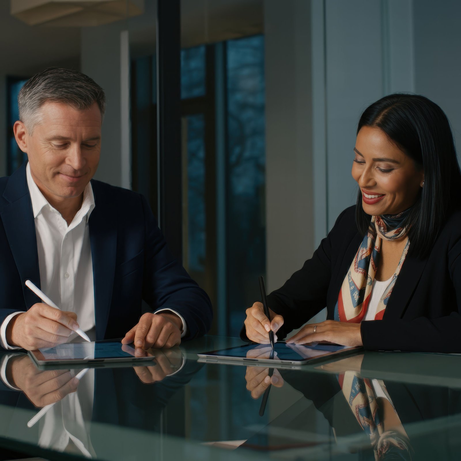 dos ejecutivos sentados en un escritorio moderno firmando un contrato digital en tabletas ambos sonriendo opt